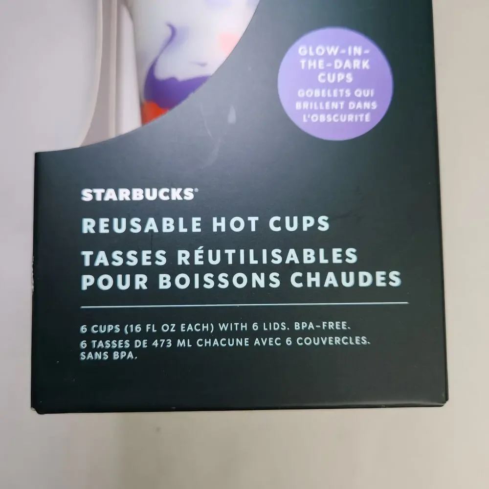 Starbucks Reusable Hot Cups‎ Glow In the Dark Set of 6 with Lids 2022
